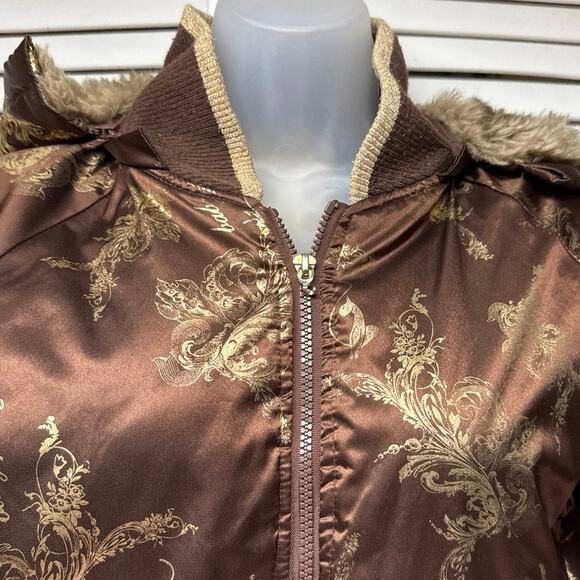 Vintage Y2K Baby Phat Satin Bomber Jacket Size Small Brown Gold Faux Fur Hooded - Picture 2 of 12